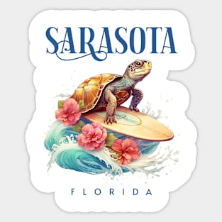 Sarasota Florida Smiling Surfing Turtle Souvenir Sticker